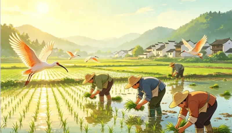 洋縣華陽(yáng)鎮(zhèn)：手把青秧齊勞作 朱鹮伴耕繪祥和